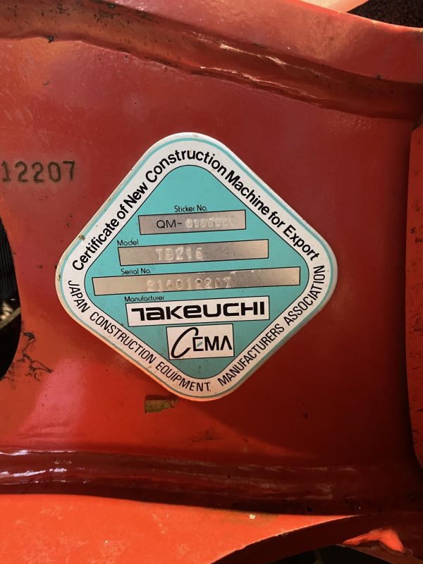 Takeuchi TB216 Mini Excavator, 2019 - POA - Image 7
